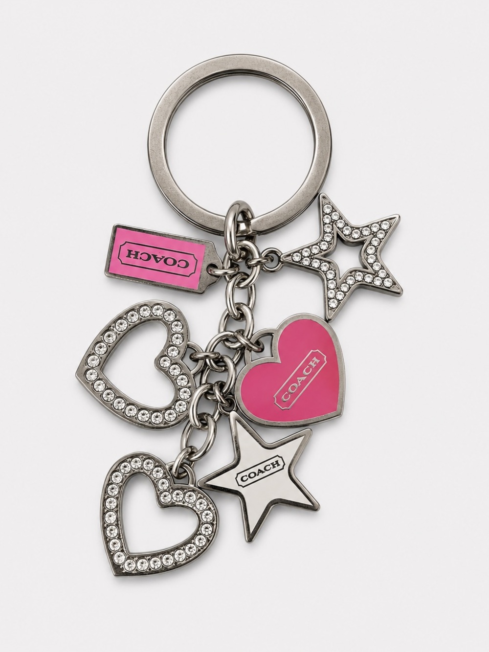 Coach Heart Star Charm Keychain Pink Enamel Crystal Rhinestone Bag Charm Key Fob
